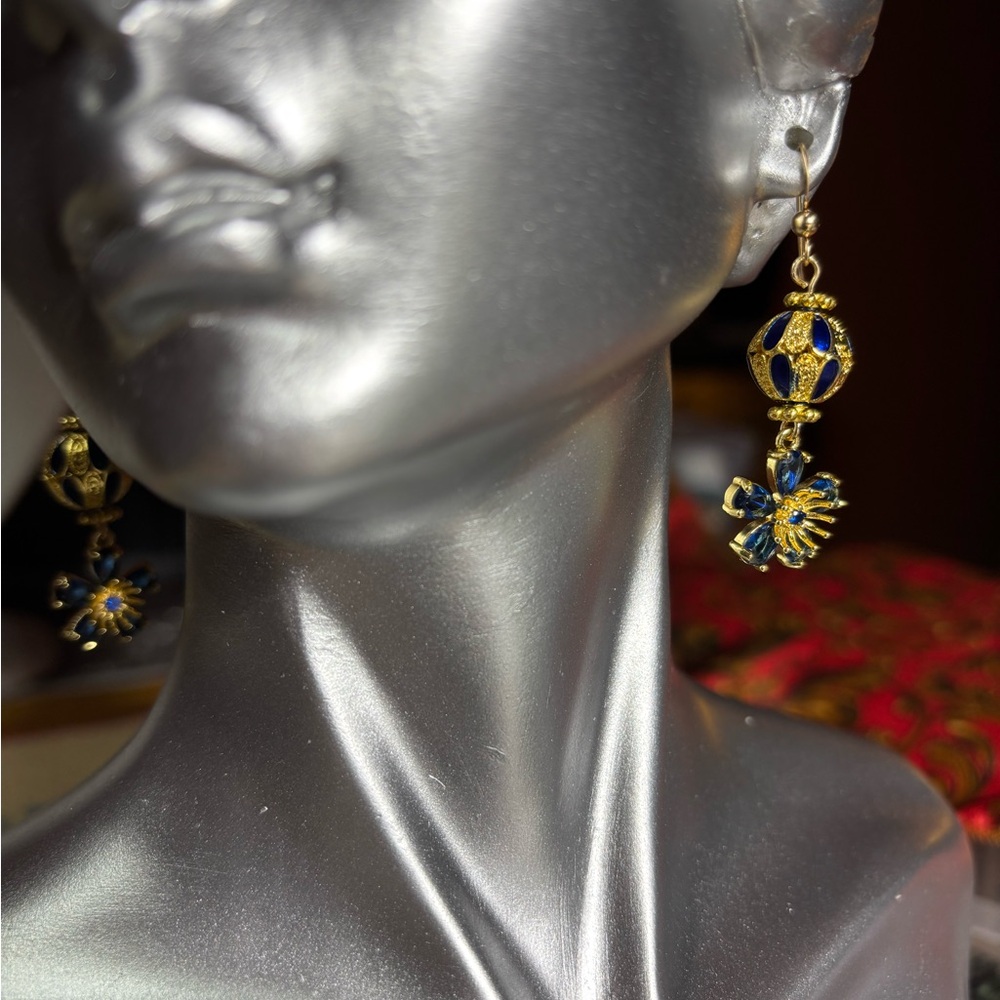 Gold Cloisonné and Blue Floral Beaded Earrings 2 inches - Picture 3 of 4